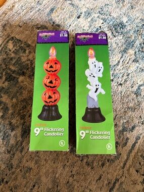 2 Vtg Blow Mold Electric Halloween Candlesticks Pumpkins & Ghosts